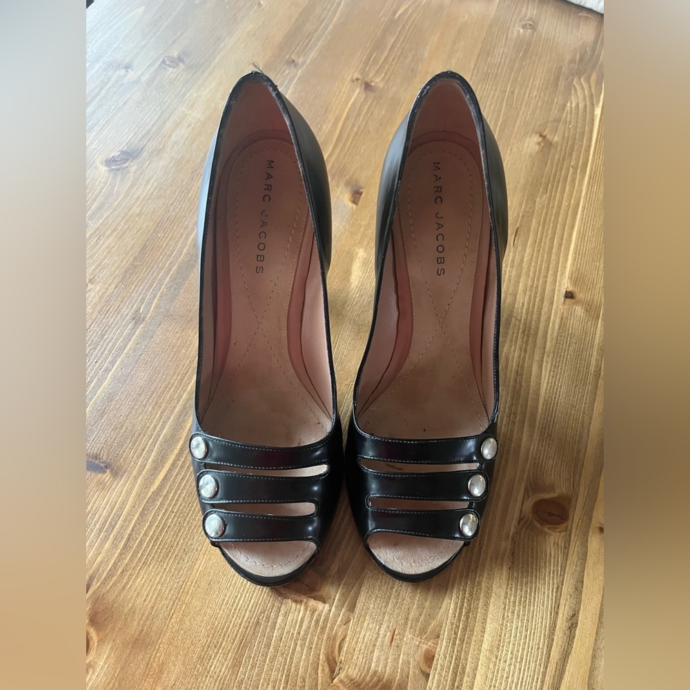 Marc Jacobs Black Leather Peep-Toe Heels with Button Straps